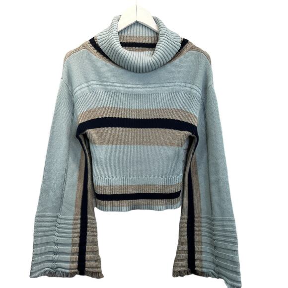 Skylar + Madison Turtleneck Sweater Blue Women S Fringe Bell Sleeve Stripes Knit - Picture 6 of 12